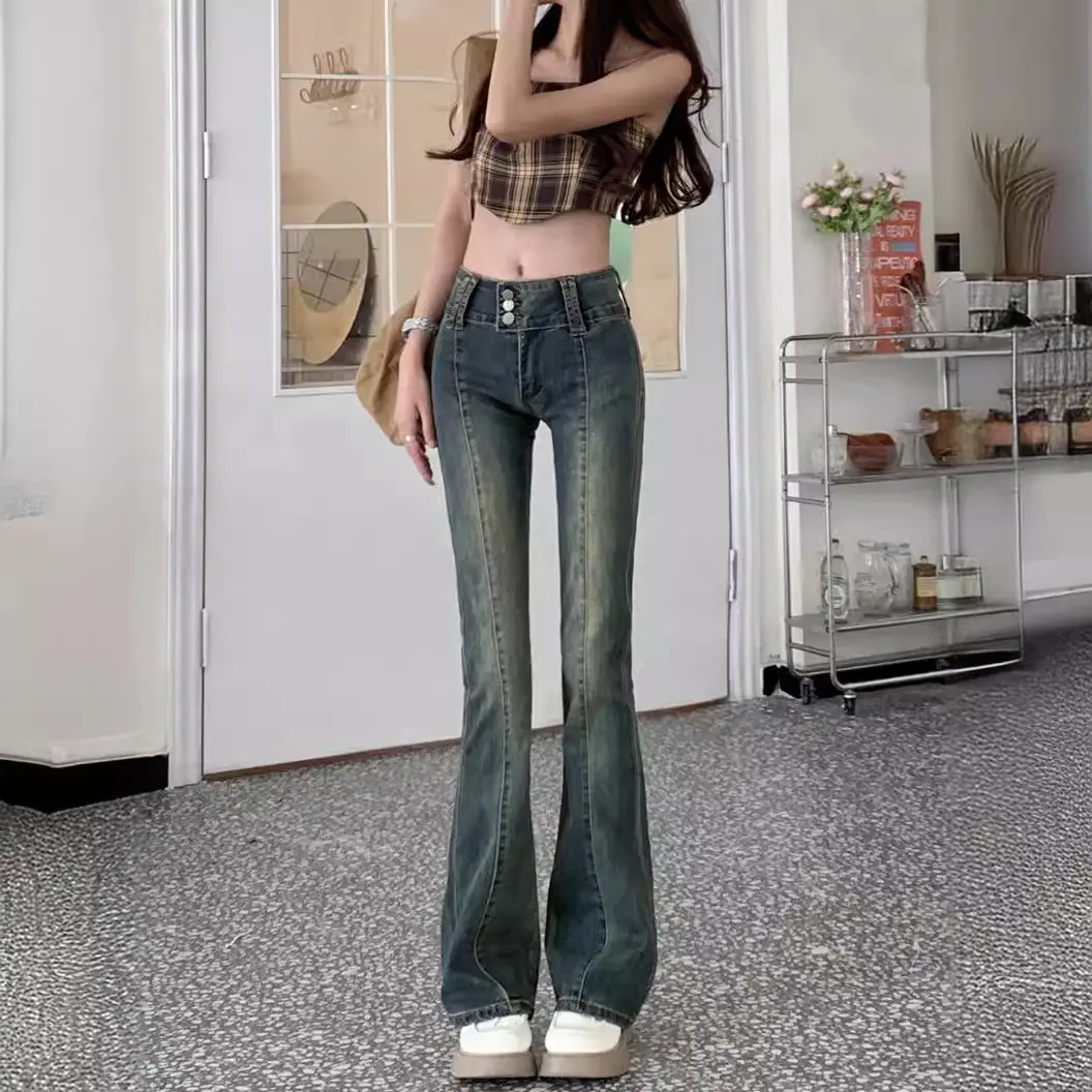 Hong Kong Style Retro Stretch High-Waist Micro-Flared Jeans for Women Spring & Fall 2025 New Straight Slim Slim Long Pants