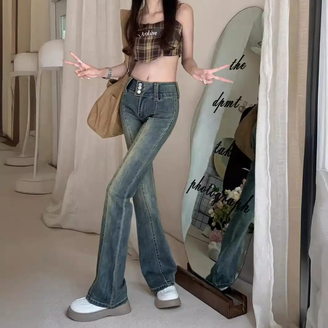Hong Kong Style Retro Stretch High-Waist Micro-Flared Jeans for Women Spring & Fall 2025 New Straight Slim Slim Long Pants