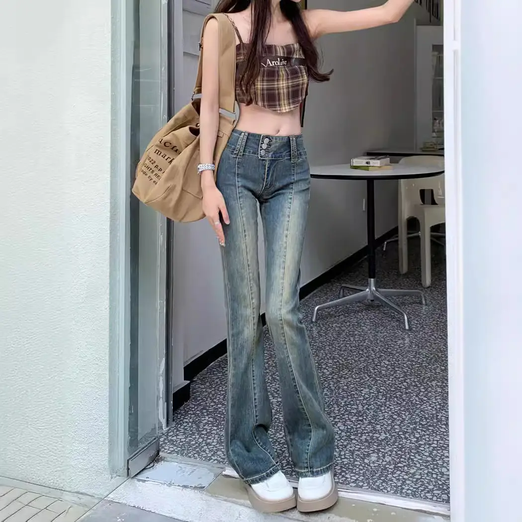 Hong Kong Style Retro Stretch High-Waist Micro-Flared Jeans for Women Spring & Fall 2025 New Straight Slim Slim Long Pants