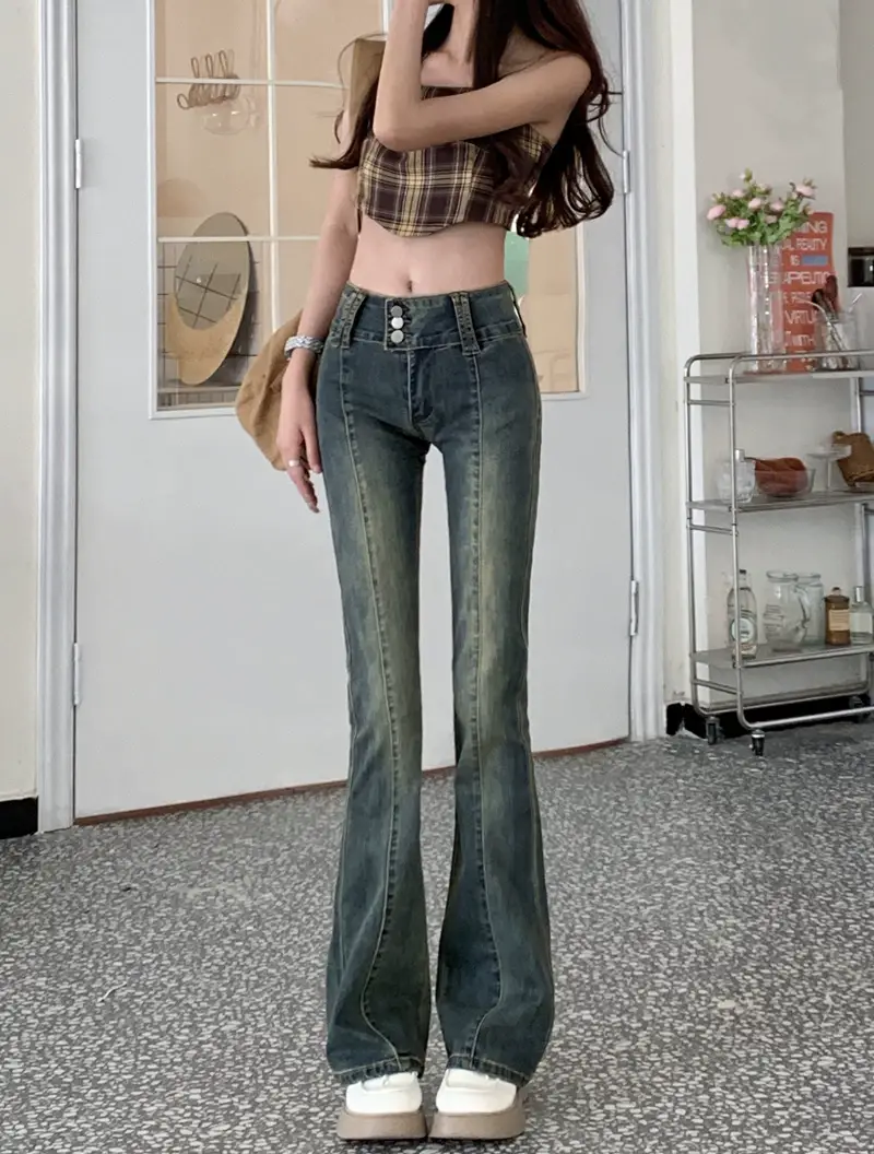 Hong Kong Style Retro Stretch High-Waist Micro-Flared Jeans for Women Spring & Fall 2025 New Straight Slim Slim Long Pants — feature 2
