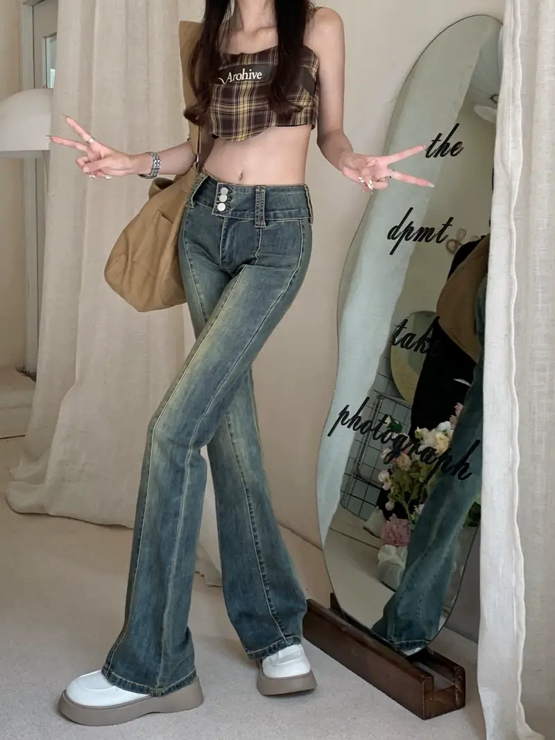 Hong Kong Style Retro Stretch High-Waist Micro-Flared Jeans for Women Spring & Fall 2025 New Straight Slim Slim Long Pants — feature 3