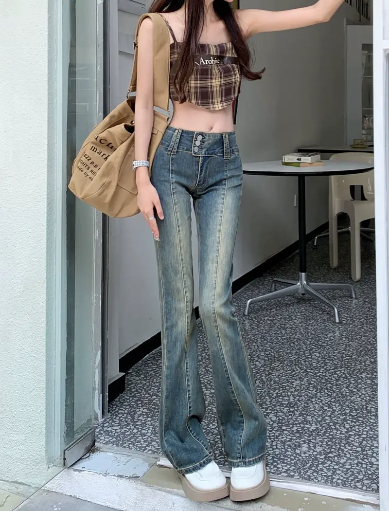 Hong Kong Style Retro Stretch High-Waist Micro-Flared Jeans for Women Spring & Fall 2025 New Straight Slim Slim Long Pants — feature 4