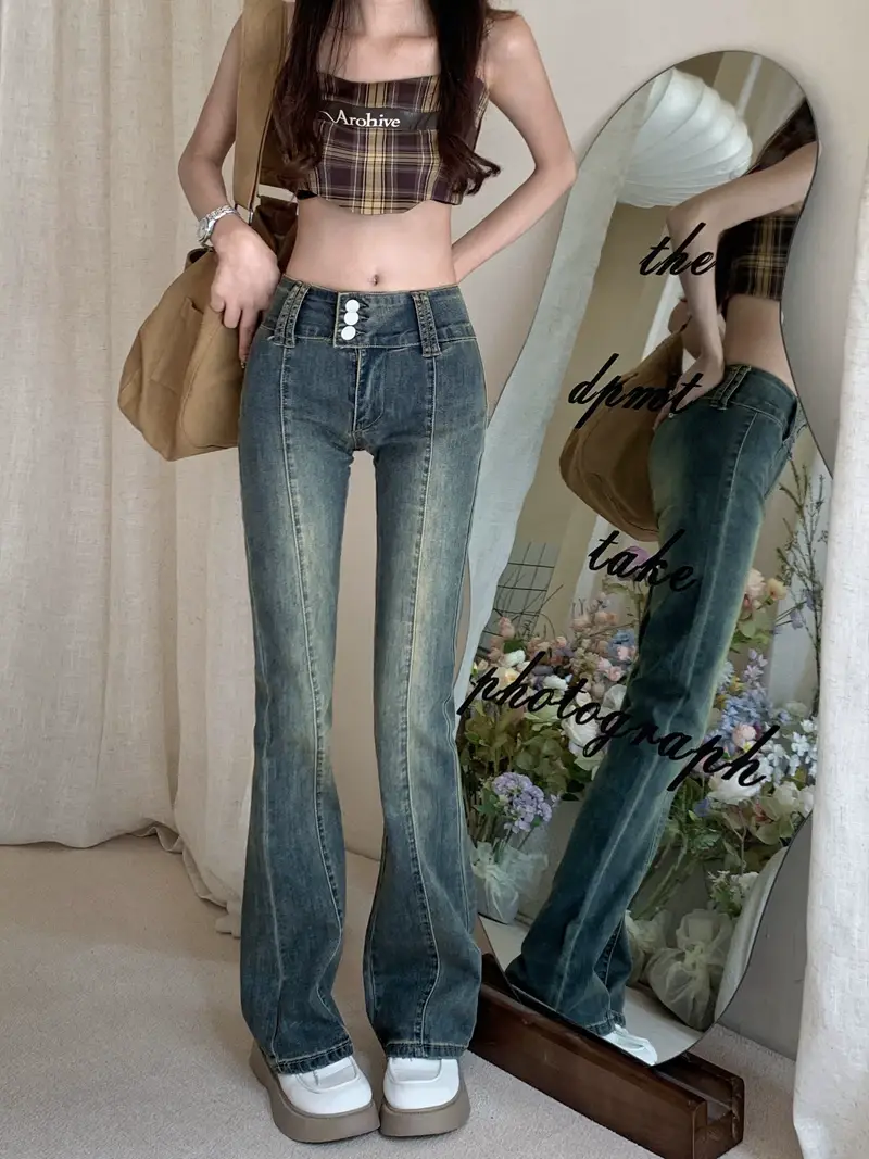 Hong Kong Style Retro Stretch High-Waist Micro-Flared Jeans for Women Spring & Fall 2025 New Straight Slim Slim Long Pants — feature 5