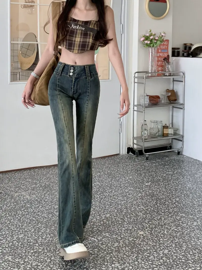 Hong Kong Style Retro Stretch High-Waist Micro-Flared Jeans for Women Spring & Fall 2025 New Straight Slim Slim Long Pants — feature 7