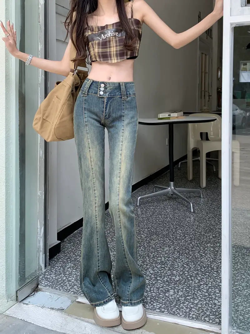 Hong Kong Style Retro Stretch High-Waist Micro-Flared Jeans for Women Spring & Fall 2025 New Straight Slim Slim Long Pants — feature 8
