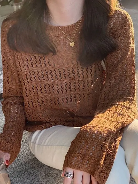 Women's Hollow Knit Long Sleeve Top Cream 2025 - Image 7