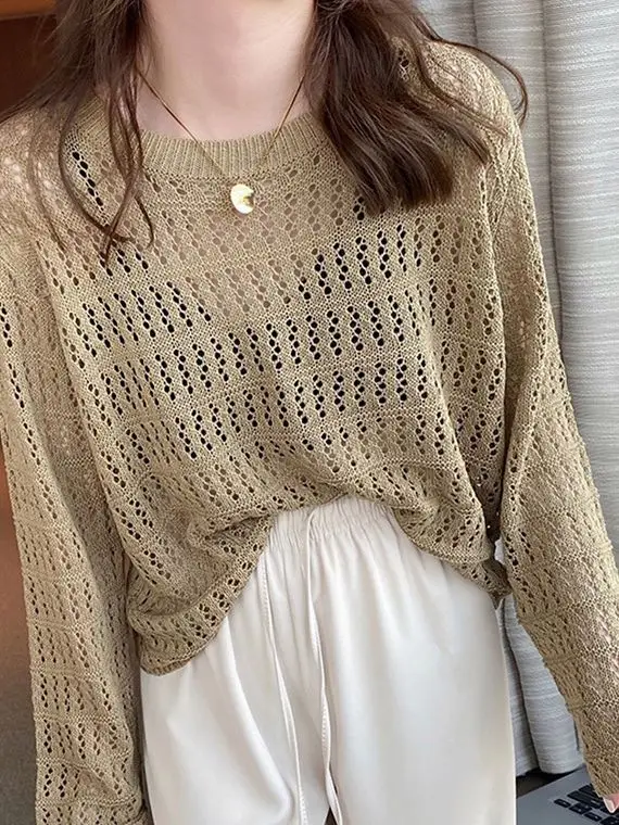 Women's Hollow Knit Long Sleeve Top Cream 2025 - Image 9
