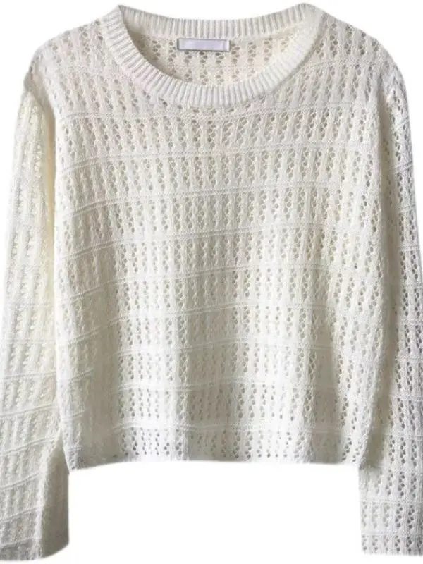 Women's Hollow Knit Long Sleeve Top Cream 2025 - Image 10