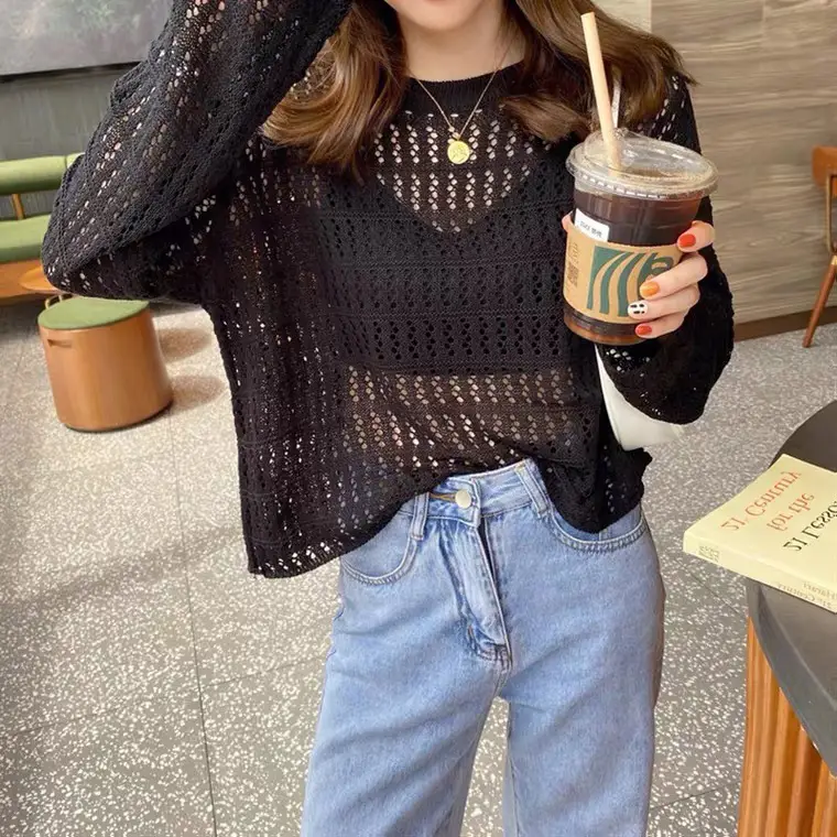 Women's Hollow Knit Long Sleeve Top Cream 2025 - Image 2