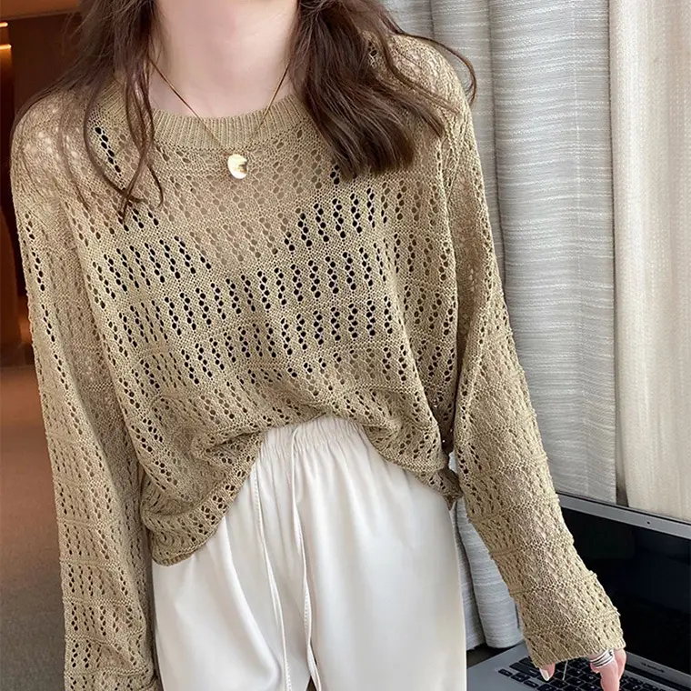 Women's Hollow Knit Long Sleeve Top Cream 2025 - Image 3