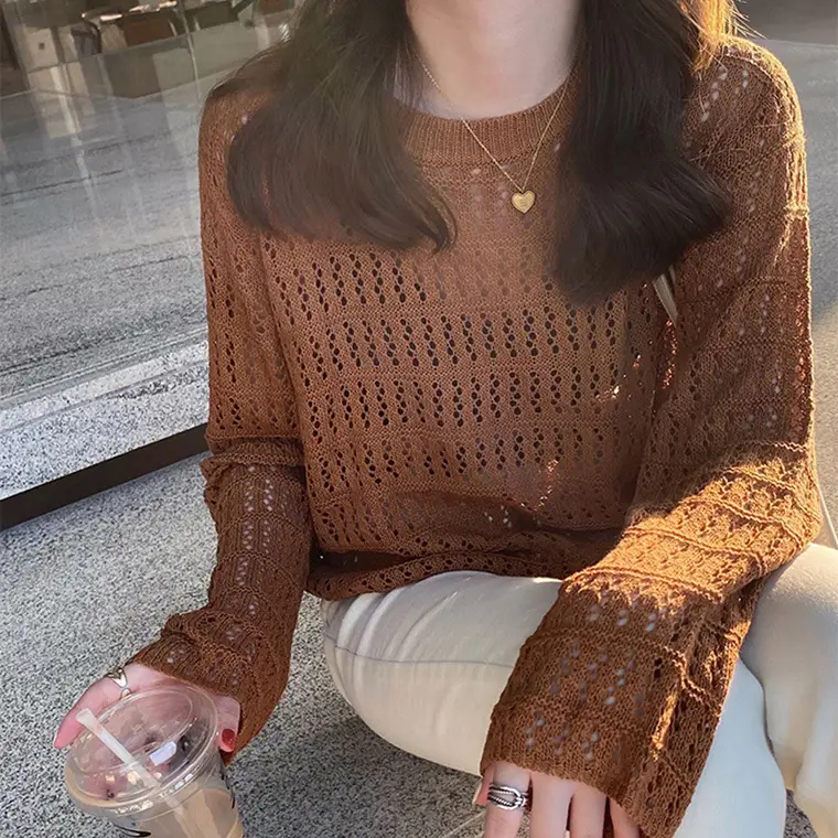 Women's Hollow Knit Long Sleeve Top Cream 2025 - Image 4