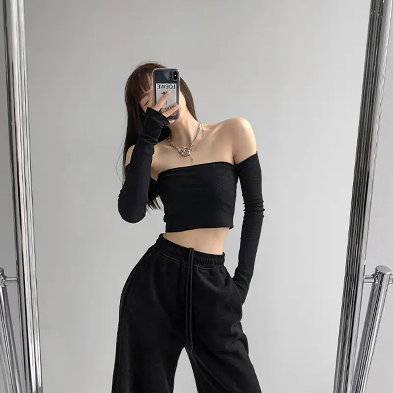 Women Black Long Sleeve Tube Top Vest