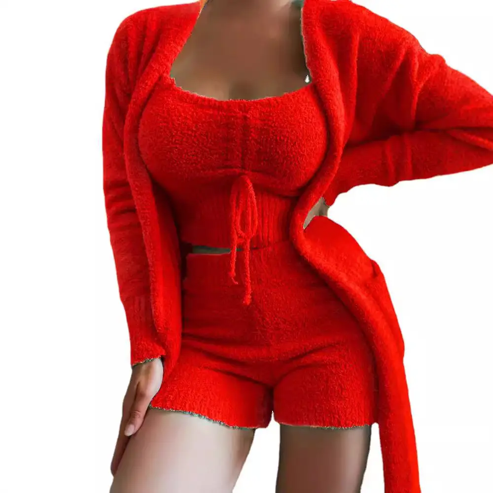 2024 Women's Knitted Plain Suit Beige Shorts Set - Image 7