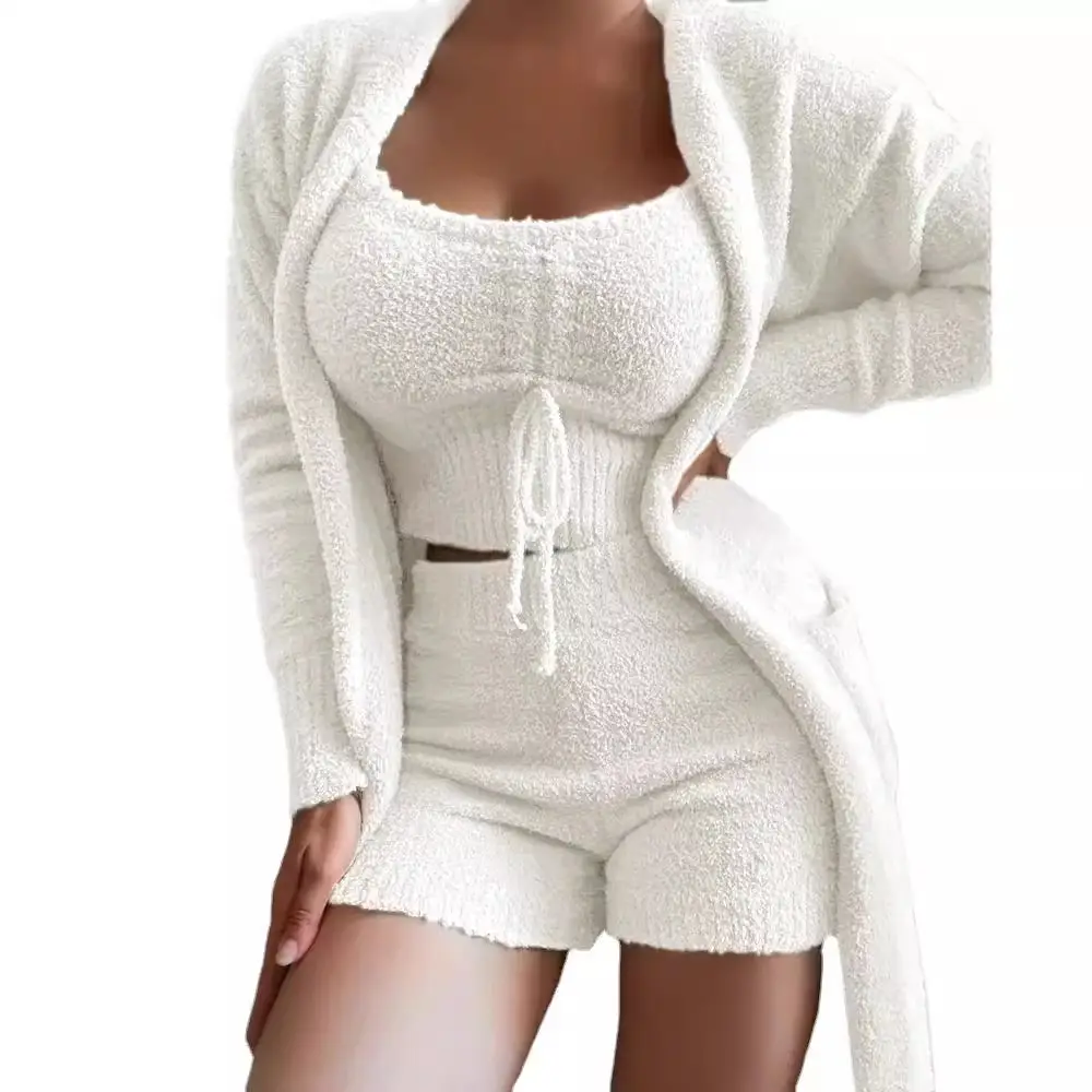 2024 Women's Knitted Plain Suit Beige Shorts Set - Image 9