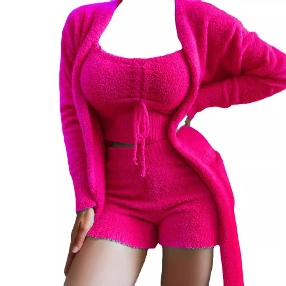 2024 Women's Knitted Plain Suit Beige Shorts Set - Image 10