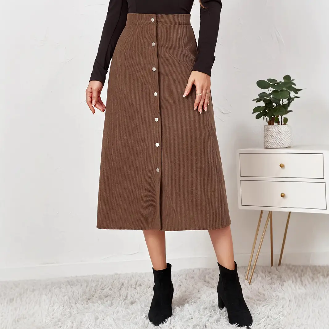 Women Corduroy Skirt High Waist Long Sleeve Tan