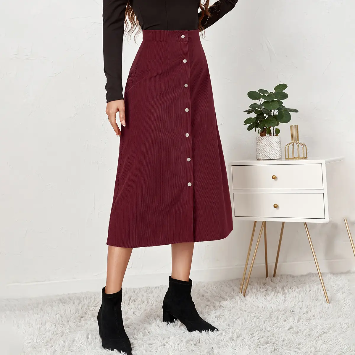 Women Corduroy Skirt High Waist Long Sleeve Tan