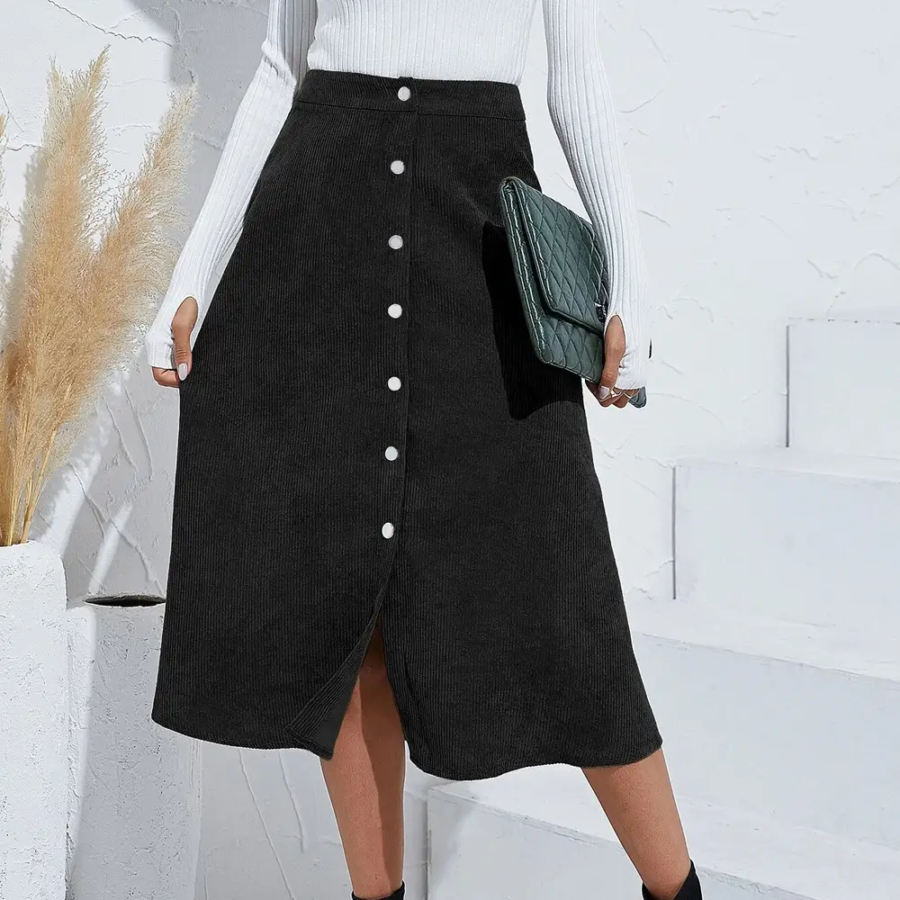 Women Corduroy Skirt High Waist Long Sleeve Tan