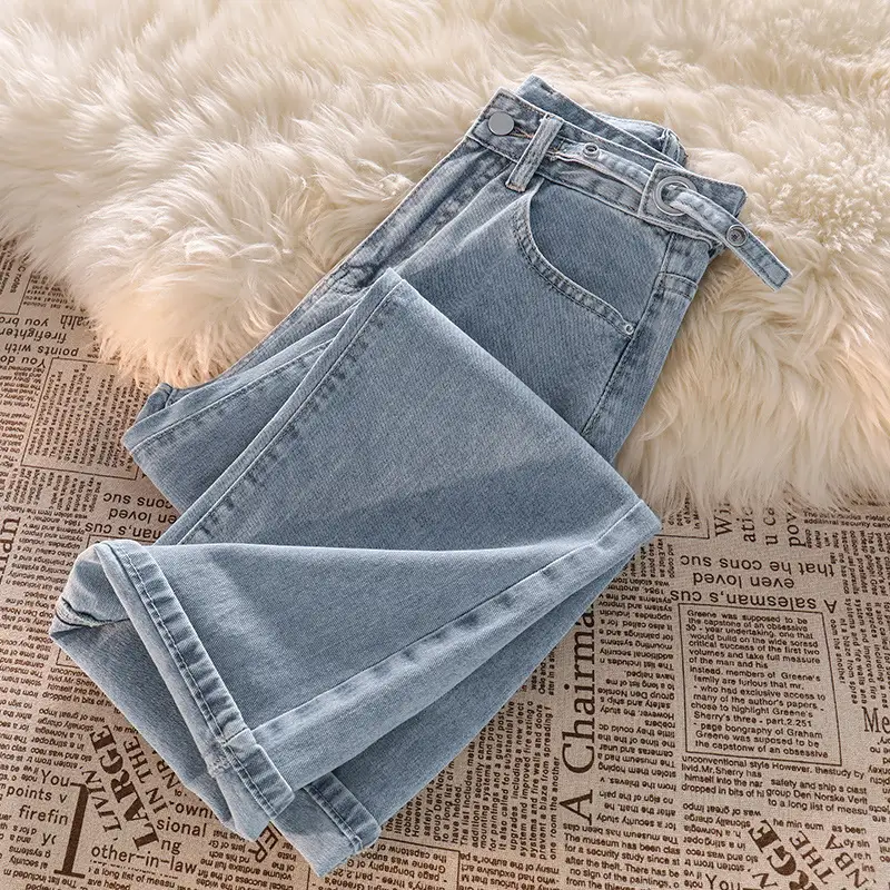 Women Light Blue Denim Jeans Wide Leg Adjustable - Image 6