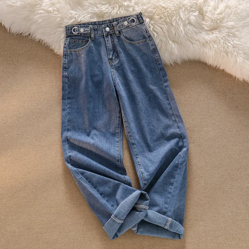 Women Light Blue Denim Jeans Wide Leg Adjustable - Image 2