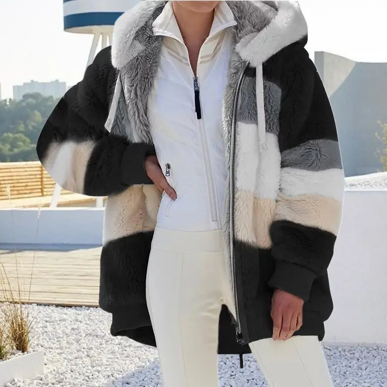 Women Cross-Body Hooded Coat Blue Patchwork Warm 2023 - Image 11