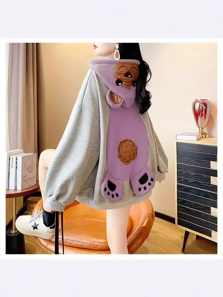 Women Korean Style Fleece Bear Hooded Jacket Green - Image 3