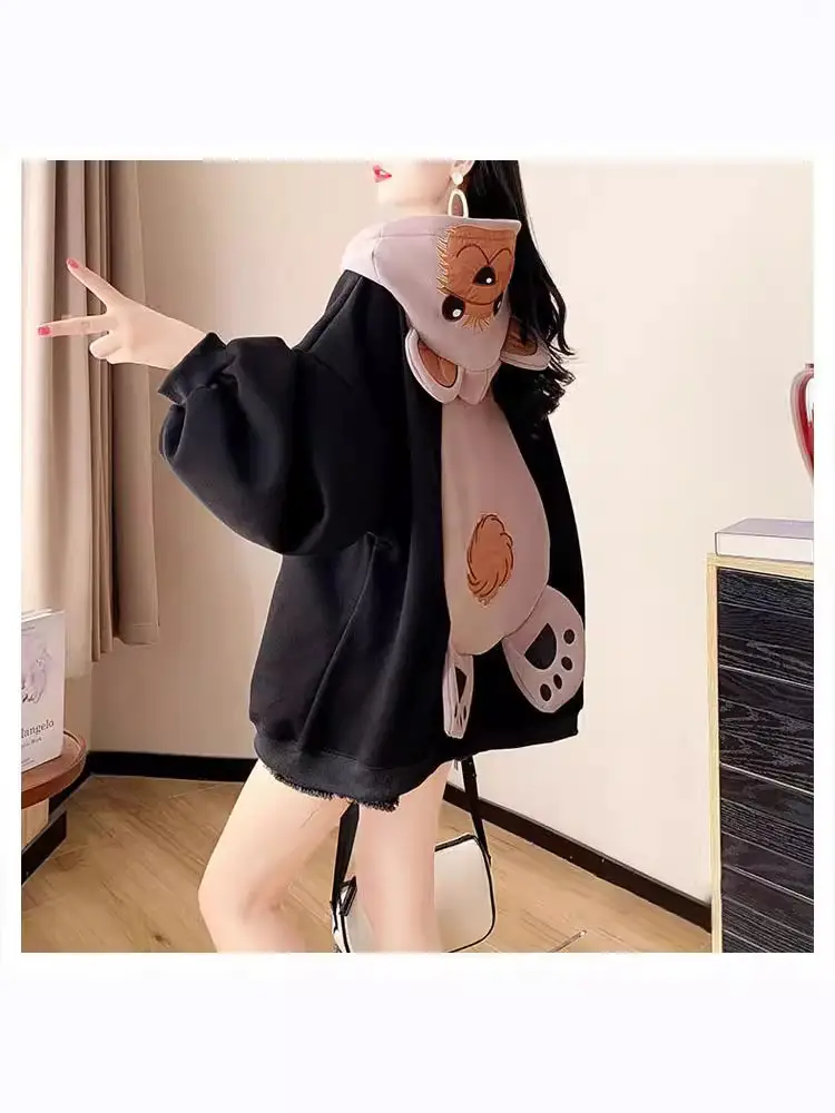 Women Korean Style Fleece Bear Hooded Jacket Green - Image 7