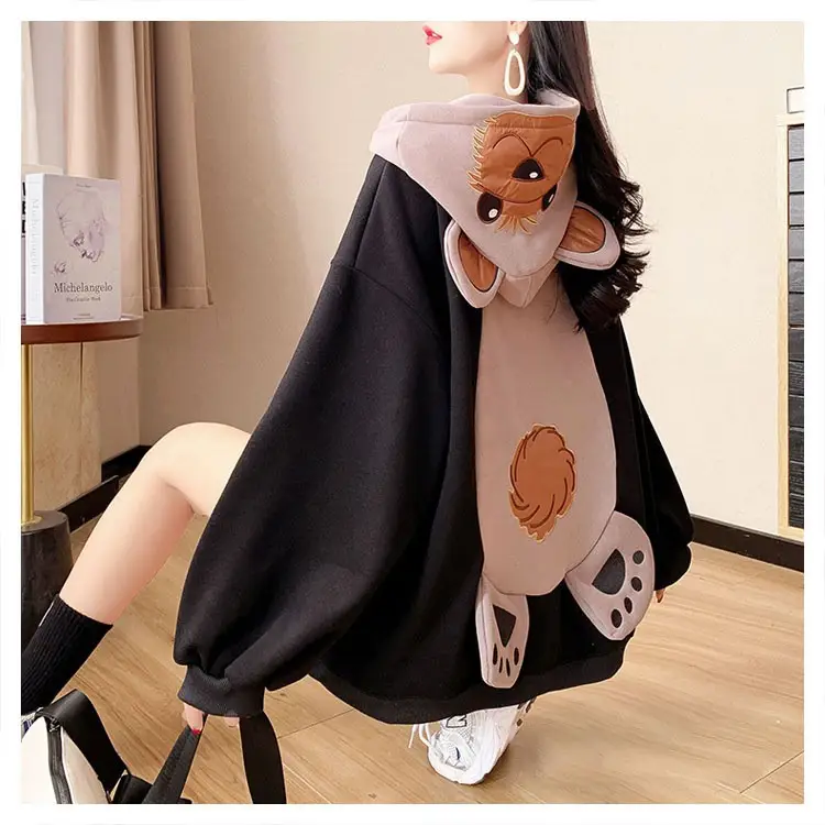 Women Korean Style Fleece Bear Hooded Jacket Green — feature 7