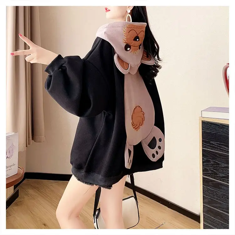 Women Korean Style Fleece Bear Hooded Jacket Green - Image 2