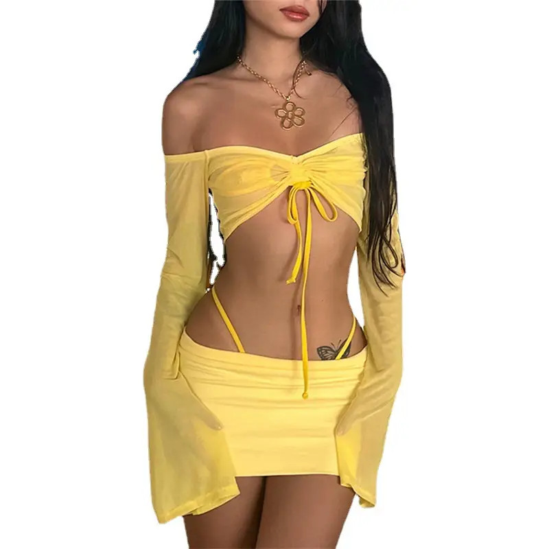 Yellow Off-Neck Long Sleeve Summer Kurti for Women