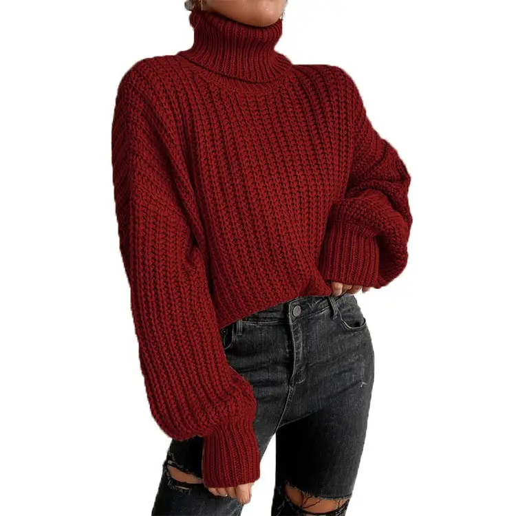 Women Red Knitted Turtleneck Sweater Long Sleeve - Image 4
