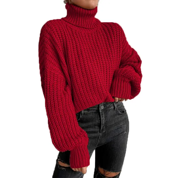 Women Red Knitted Turtleneck Sweater Long Sleeve - Image 5