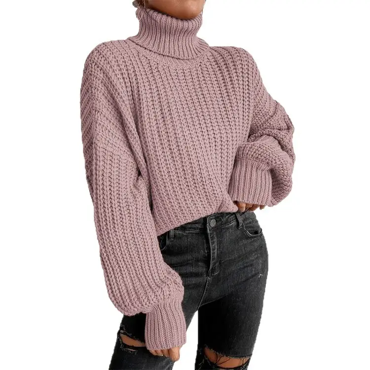 Women Red Knitted Turtleneck Sweater Long Sleeve - Image 7