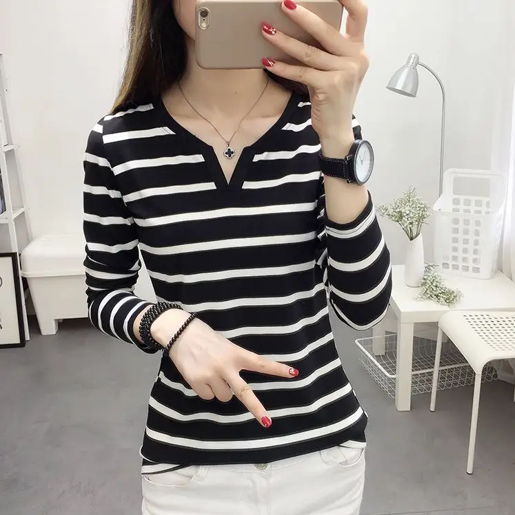 2025 Striped V-Neck Long Sleeve T-Shirt Black White - Image 10