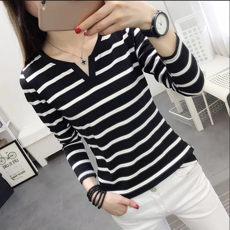 2025 Striped V-Neck Long Sleeve T-Shirt Black White — feature 6