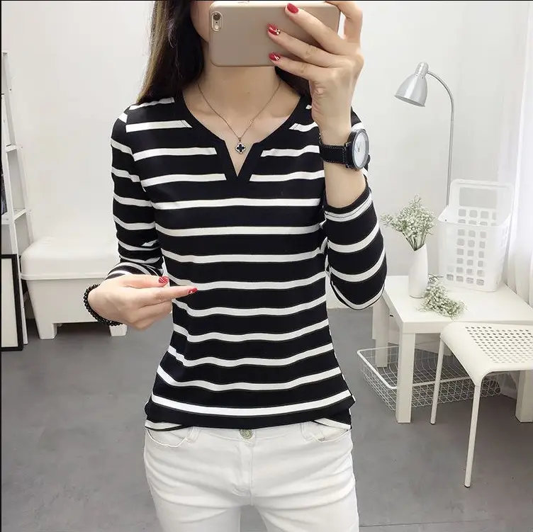 2025 Striped V-Neck Long Sleeve T-Shirt Black White — feature 8