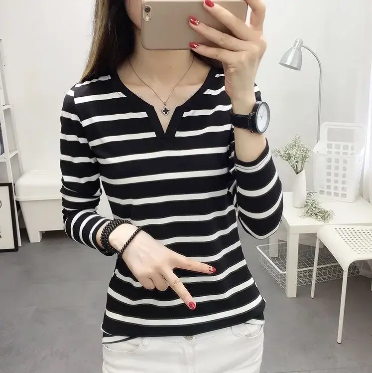 2025 Striped V-Neck Long Sleeve T-Shirt Black White - Image 8