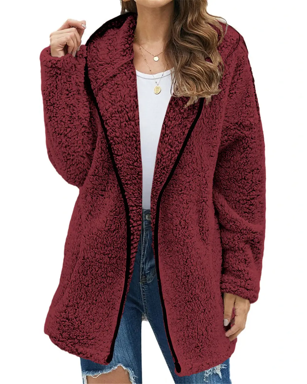 Plush Hooded Vest for Women Cream Long Sleeve