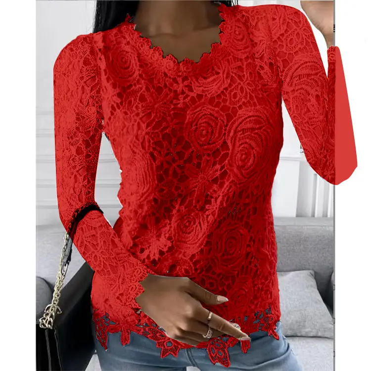 Blue Lace Long Sleeve Top for Women 2022 - Image 7