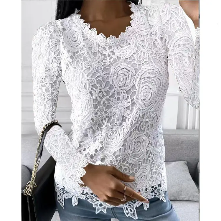 Blue Lace Long Sleeve Top for Women 2022 — feature 3