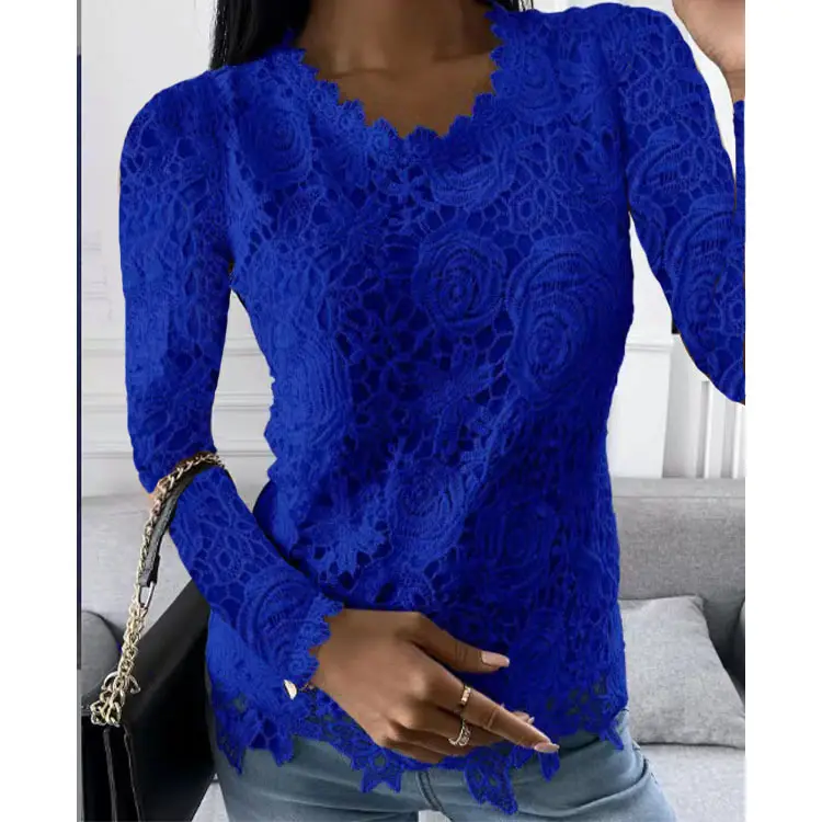 Blue Lace Long Sleeve Top for Women 2022 - Image 3