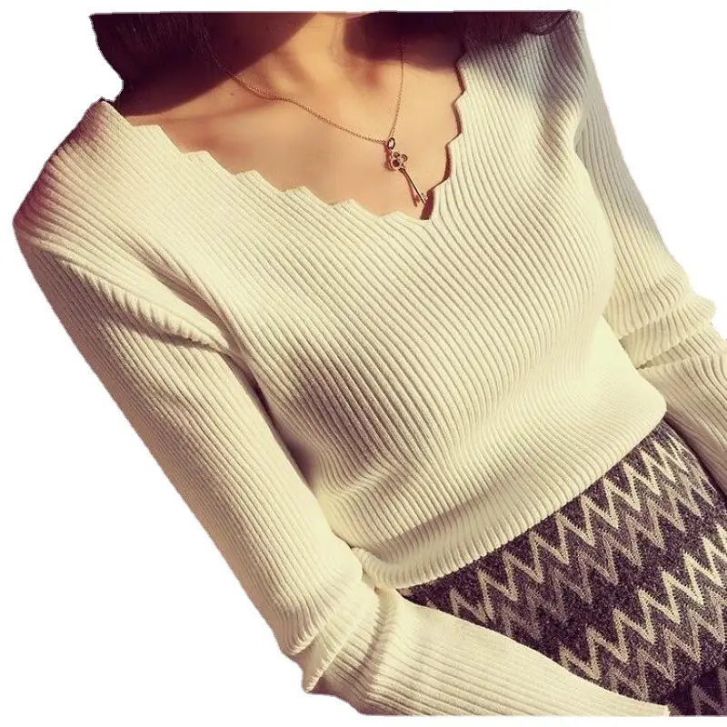 Women's V-neck Long Sleeve Pullover Sweater Cream