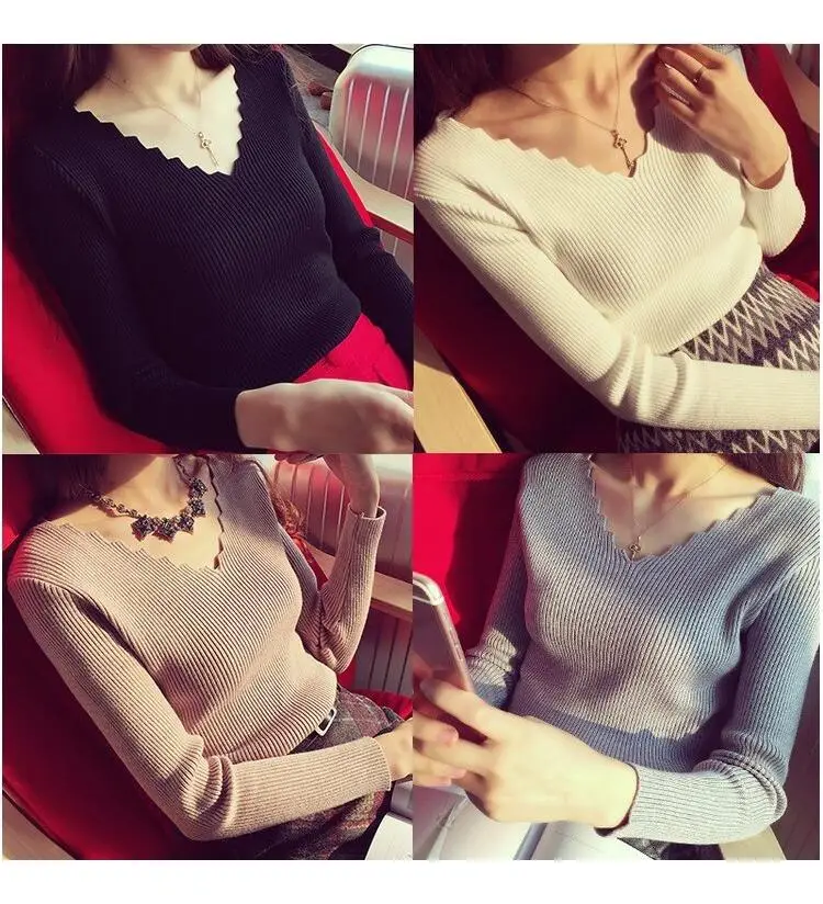 Women's V-neck Long Sleeve Pullover Sweater Cream — feature 3