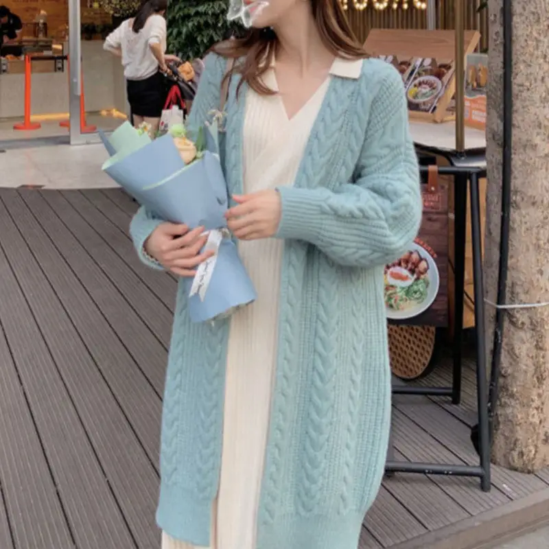 Women Knitted Cardigan Long Sweater Coat Grey Vintage - Image 8
