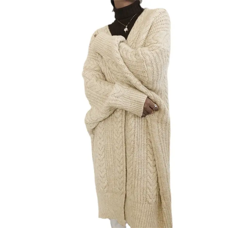 Women Knitted Cardigan Long Sweater Coat Grey Vintage - Image 9