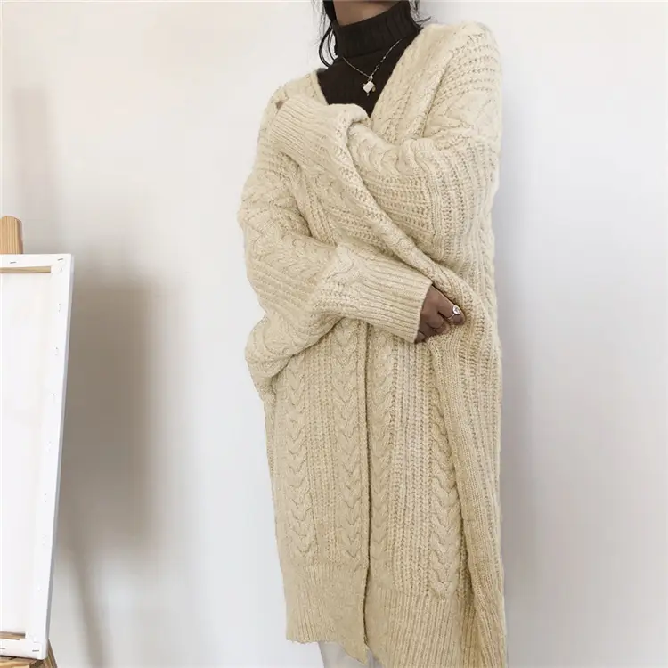 Women Knitted Cardigan Long Sweater Coat Grey Vintage - Image 2