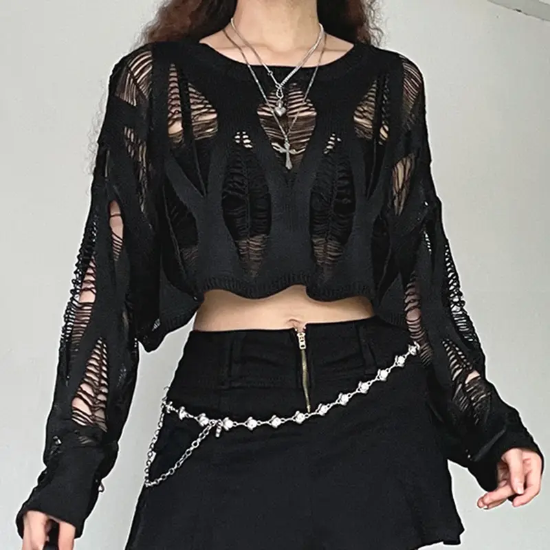 Black Mesh Navel-Baring Sweater Top for Women - Image 4