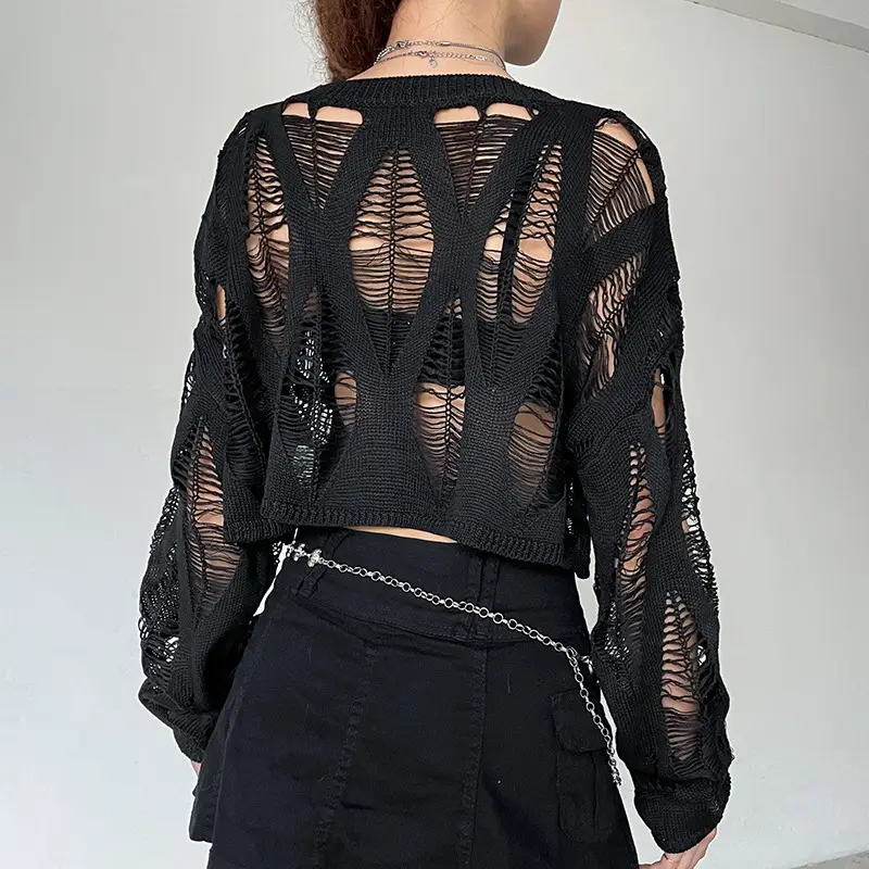Black Mesh Navel-Baring Sweater Top for Women - Image 5