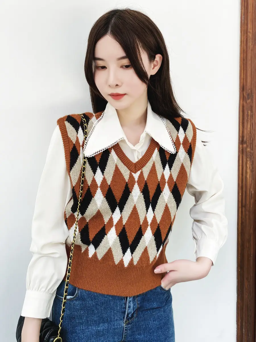 Women Jacquard Knitted V-Neck Vest Orange White - Image 3