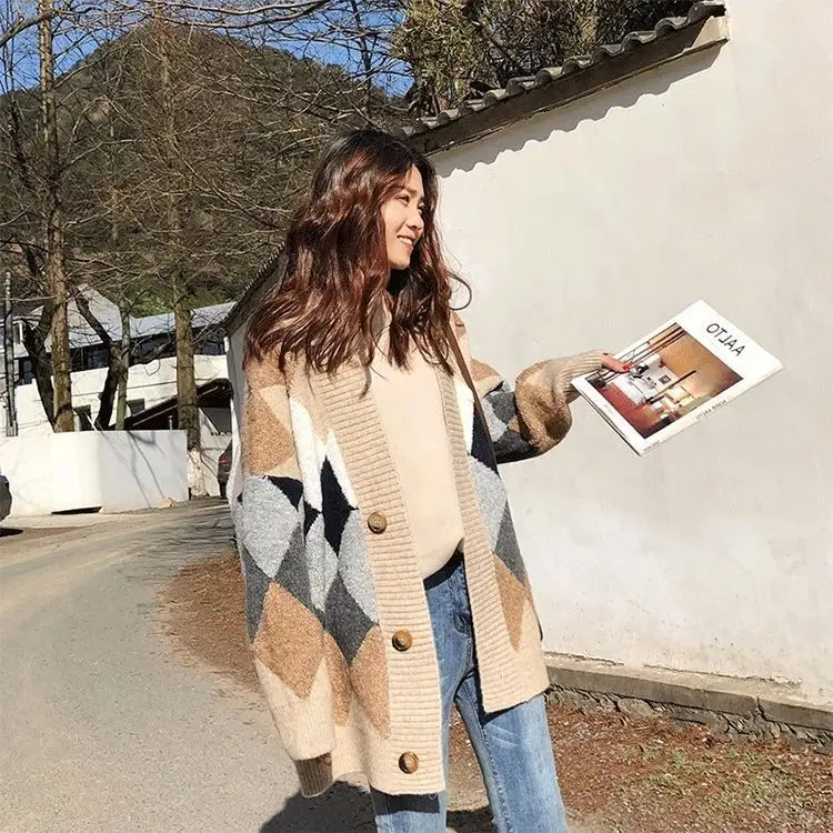 Women's Plaid Knit Coat Mid Length Winter Casual - Image 8